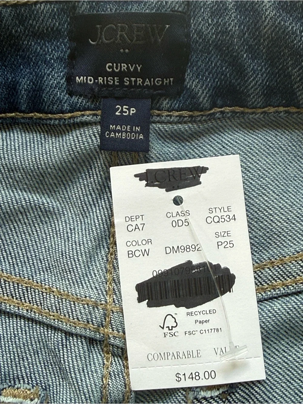 J. Crew Blue Curvy Mid-Rise Straight Jeans 25P NWT